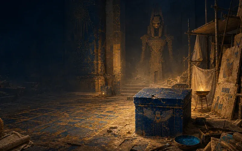 Glyphs Below key art: a lapis stone chest in lamplight on a glyph-inlaid tomb floor, with conservation scaffolding and a distant stone Sentinel.