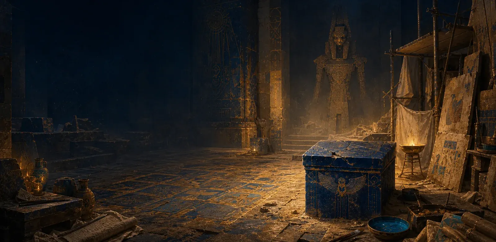 Glyphs Below key art: a monumental Egyptian tomb archive at blue hour. A cracked lapis chest sits in warm lamplight on a floor inlaid with a glyph-board pattern, conservation scaffolding and painted panels stand to the right, and a stone Sentinel figure looms in the lit doorway beyond.