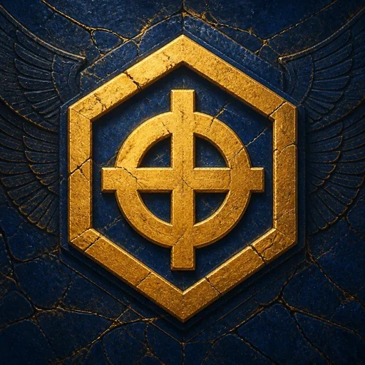 The Glyphs Below app icon: a golden compass-scarab glyph inside a hexagonal cartouche, carved into cracked deep-blue lapis stone with gold-repaired seams.