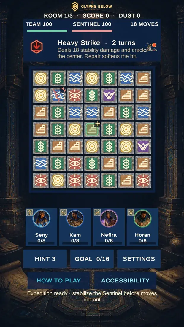 The Glyphs Below board on a phone: a seven-by-seven grid of carved glyph tiles in gold, green, blue, brown, red and purple, under a Room 1 of 3 header with team and Sentinel stability meters, a Heavy Strike warning, four guardian portraits named Seny, Kam, Nefira and Horan, and Hint, Goal, Settings, How to play and Accessibility controls.