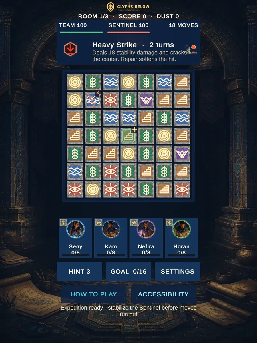 The same Glyphs Below board running on an iPad, with the seven-by-seven glyph grid, stability meters, Sentinel warning and guardian row laid out for the larger screen.