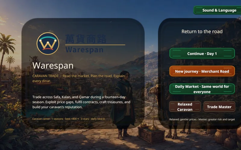 Warespan title screen artwork: a merchant and camel on a stone road above an illustrated oasis city at golden hour, beside the Warespan wordmark.