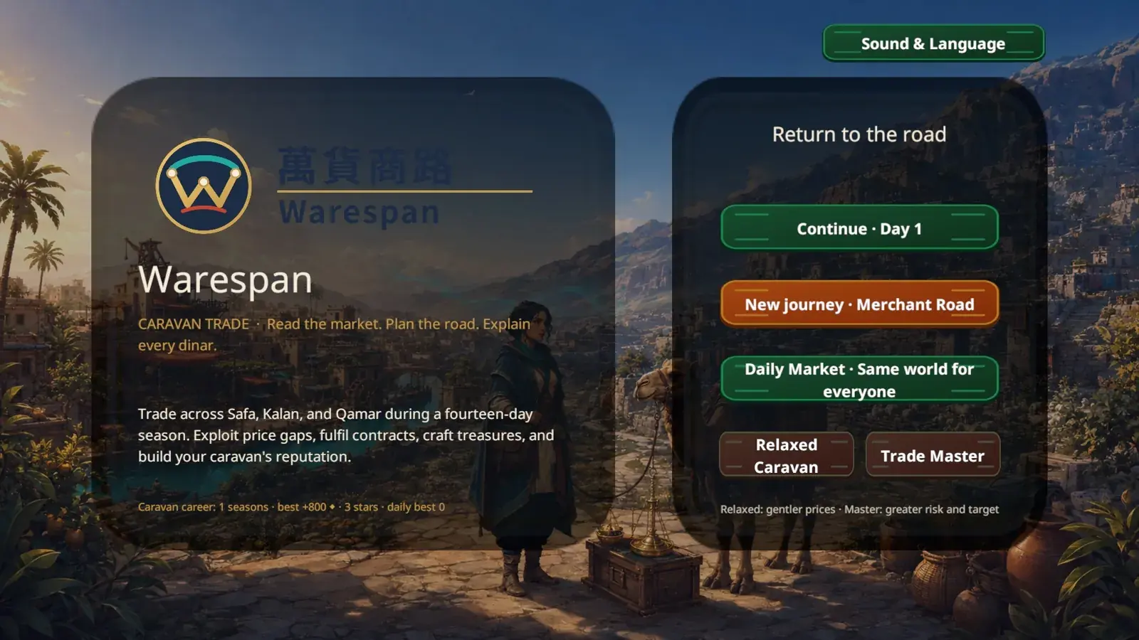 Warespan title screen over a mountain oasis with a merchant and camel.