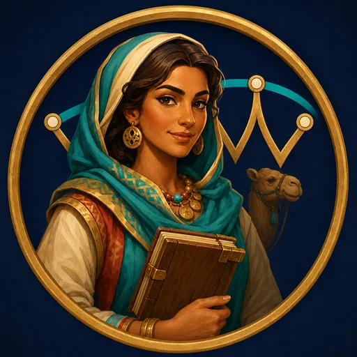 The Warespan app icon: a merchant in a teal headscarf holding a ledger beside a camel, inside a gold ring on deep indigo.