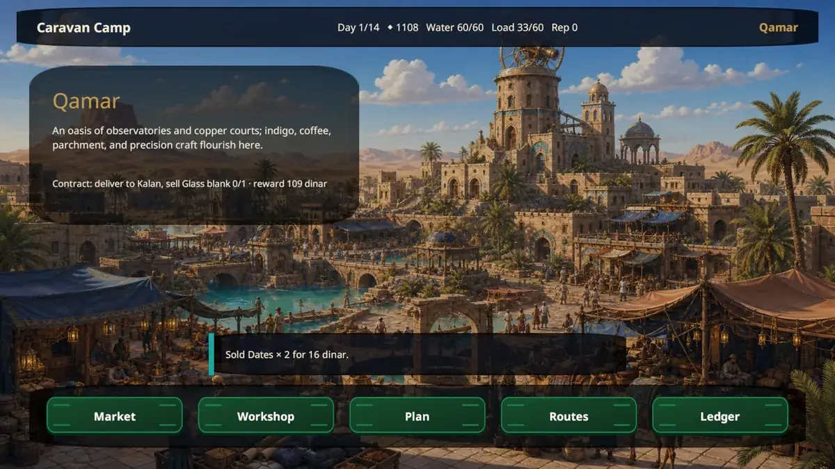 Warespan caravan camp interface over the illustrated oasis city Qamar.