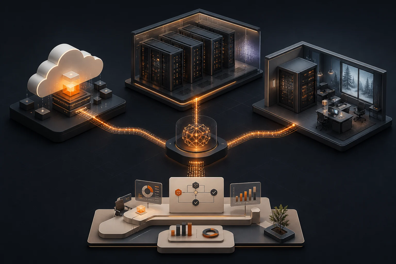 Three connected AI deployment paths: a managed API cloud, a data-centre server environment and an on-site office server