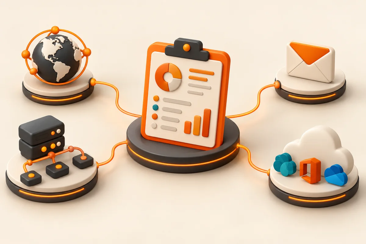 Illustration of domain, DNS, email and cloud services connected to one review report