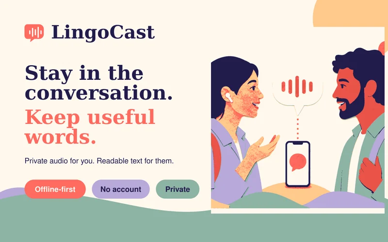 LingoCast app artwork: two people talking across a table with a coral speech-wave bubble between them, beside the wordmark and the line Stay in the conversation. Keep useful words.
