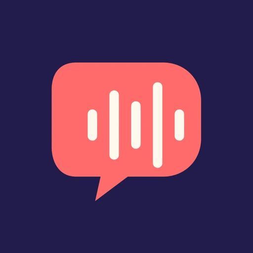 LingoCast app icon: a coral speech bubble holding five cream audio bars, on deep indigo