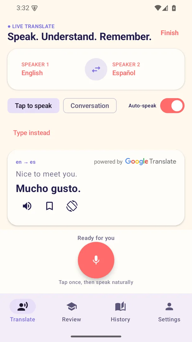 The same Live Translate screen on an Android phone, with Tap to speak, Conversation and Auto-speak controls and a translated turn reading Nice to meet you / Mucho gusto carrying the powered by Google Translate attribution that ML Kit requires.