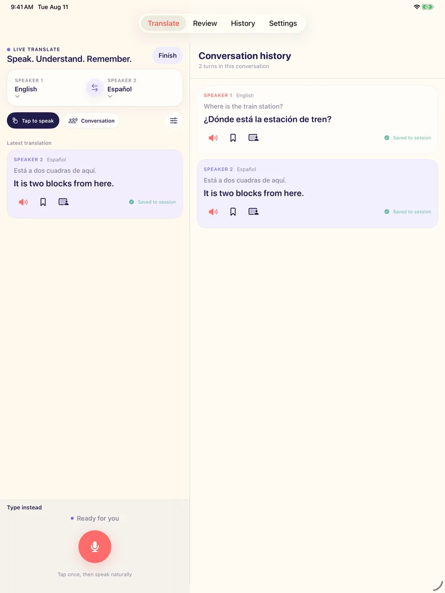 LingoCast on iPad in the wide layout: live translate controls and the latest translation in a left column, with the full conversation history kept visible in a right sidebar.