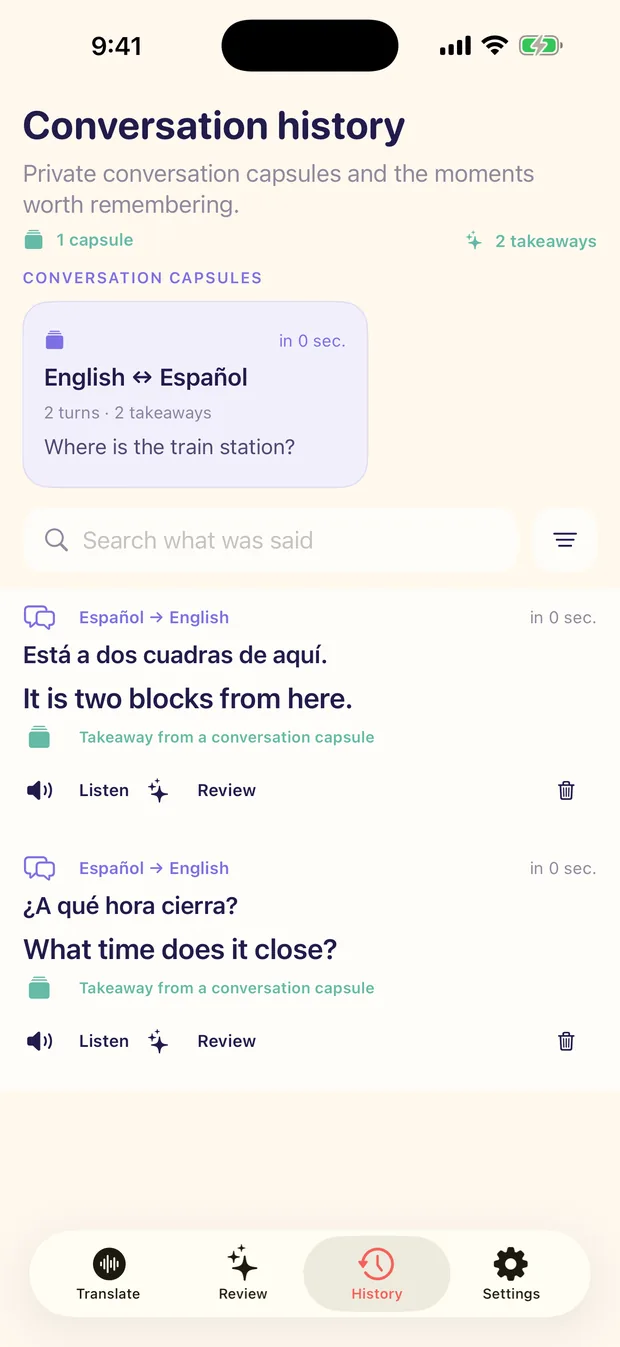 The Conversation history screen on iPhone listing one private English-to-Español capsule of two turns with two takeaways, a Search what was said field, and two saved takeaways each with Listen, Review and delete controls.