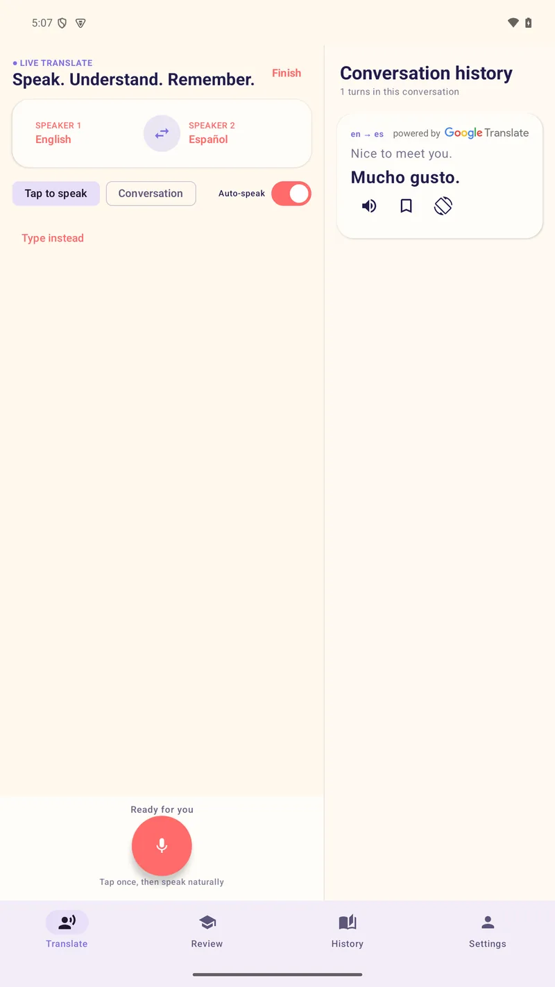 LingoCast on an Android tablet in the same wide layout, with the live controls on the left and the conversation history sidebar on the right.