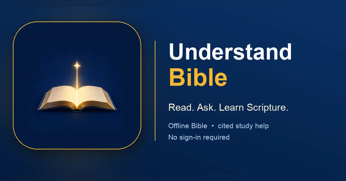 Understand Bible feature artwork: the app icon beside the wordmark and the tagline Read. Ask. Learn Scripture. — offline Bible, cited study help, no sign-in required.