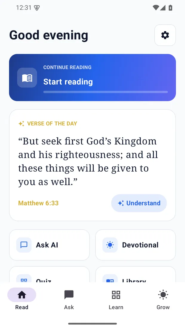 The same Understand Bible home screen running on an Android phone, with Continue reading, the Verse of the Day and shortcuts to Ask AI, Devotional, Quiz and Library.