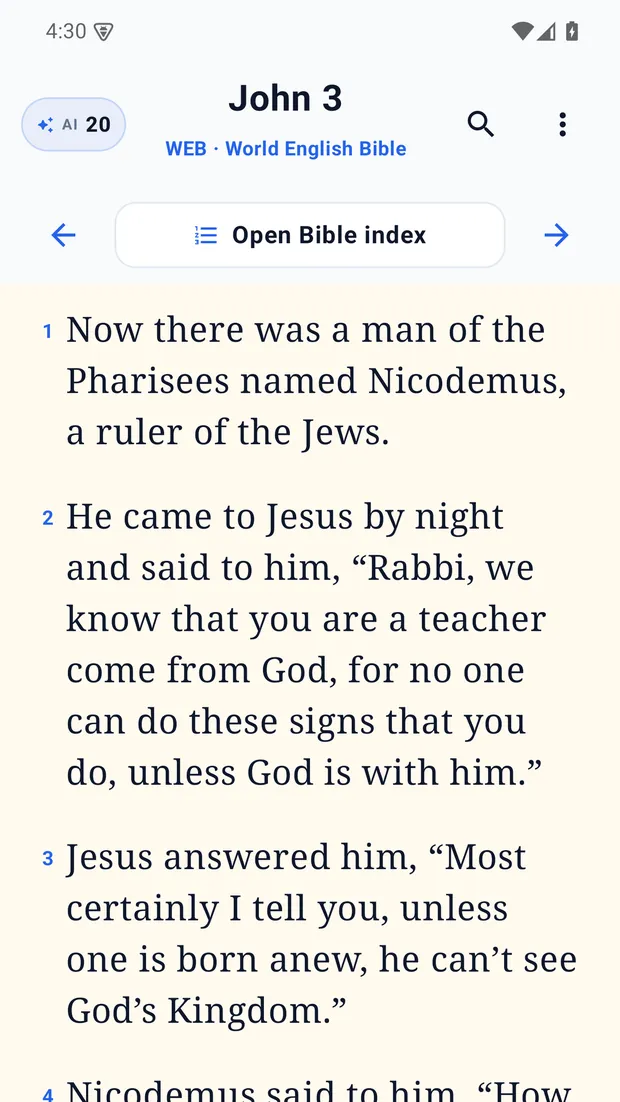 The Understand Bible chapter reader running on an Android phone, showing Scripture set in a serif reading face with verse numbers.