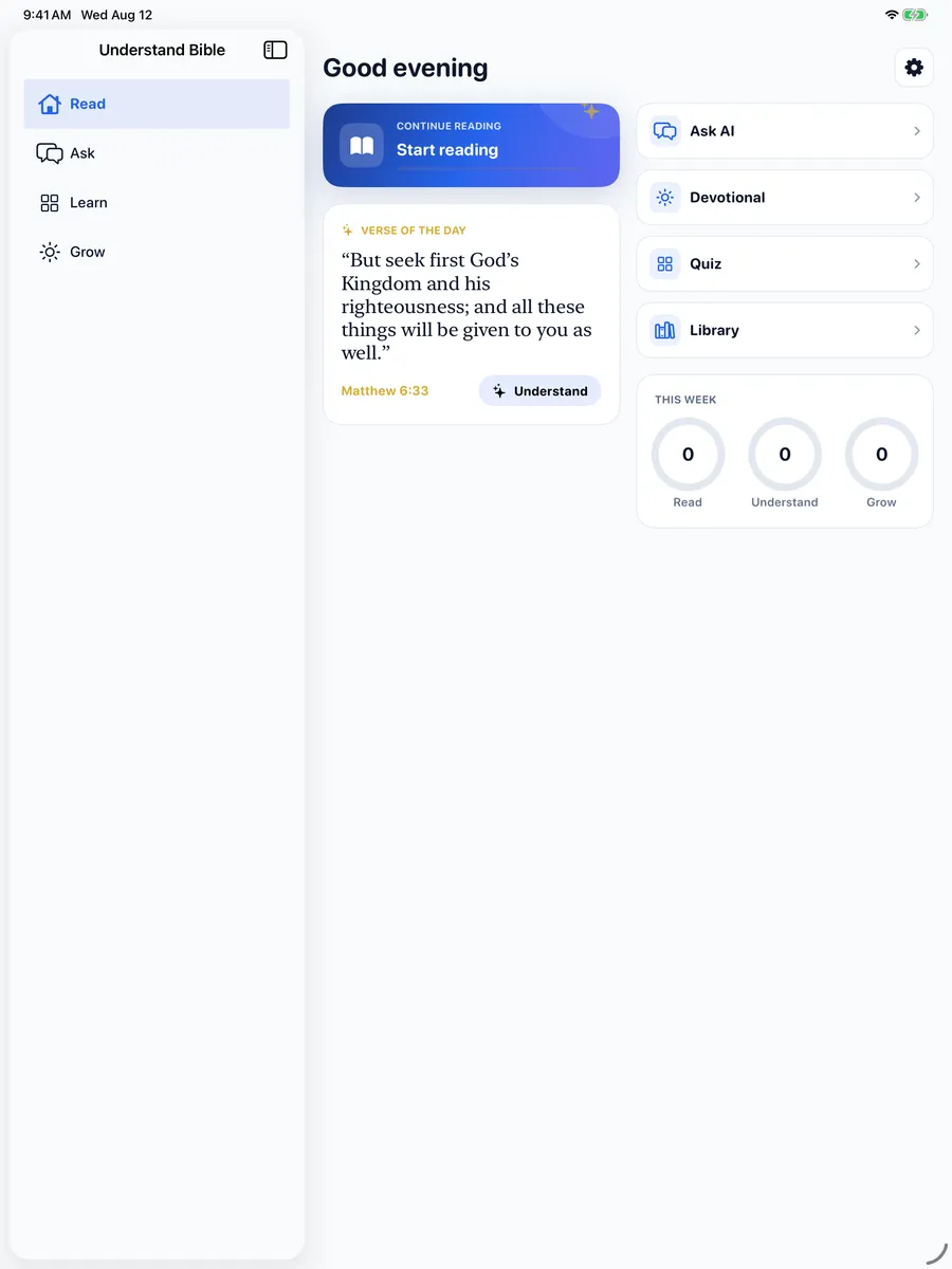 Understand Bible on iPad using the dedicated sidebar layout: Read, Ask, Learn and Grow in a left rail beside the home content in a two-column grid.