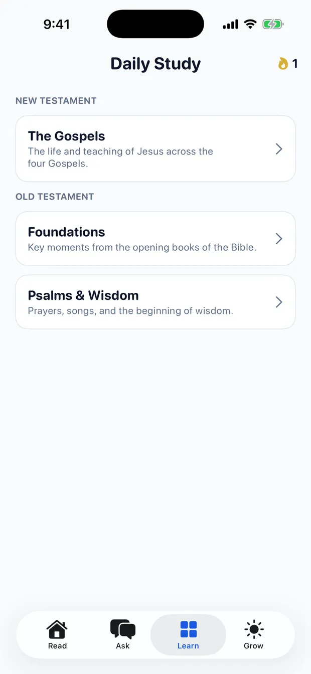 The Daily Study screen on iPhone listing New Testament and Old Testament lesson tracks: The Gospels, Foundations, and Psalms and Wisdom.
