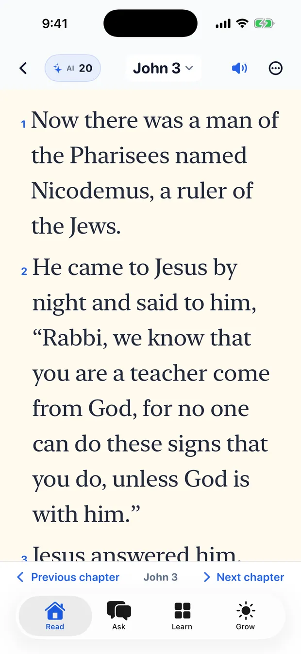 The Understand Bible reader on iPhone showing John chapter 3 in the World English Bible with numbered verses, a chapter picker, a read-aloud control and previous/next chapter navigation.