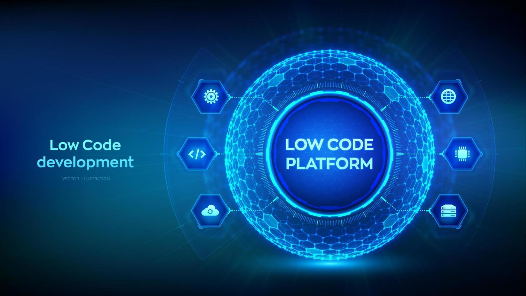 Low-Code / No-Code Platforms - Development platform concept with hexagonal grid sphere and wireframe components